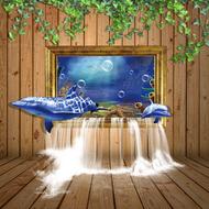 Beautiful painting of the water with the colorful plants and dolphins, in the wooden room