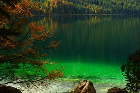 Beautiful Eibsee lake with green water, among the colorful trees in Bavaria, Germany