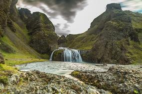 distant view of a natural waterfall in a picturesque landscape