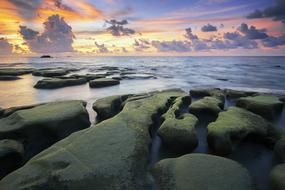 rocks on the ocean coast during sunset