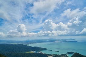 Beautiful landscape with the coast of the water, with green plants, under the blue sky with clouds