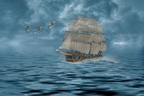 a flock of birds and a ship against a background of dark clouds