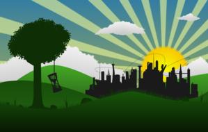 image of a city on green hills near a tree