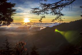 Beautiful landscape with the colorful sunset among the clouds, on the view from the mountain in Dieng, Indonesia, with plants