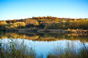 Beautiful landscape of the lake, among the colorful trees, in the autumn