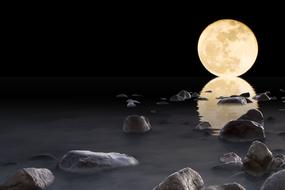 yellow full moon reflected on the water surface