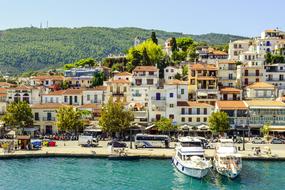 Beautiful and colorful houses in Skiathos, Greece, among the plants, near the mountains