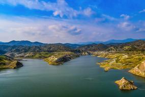 Beautiful and colorful landscape of the lake, among the mountains, in Kalavasos, Cyprus, Greece