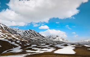 Beautiful panorama of the snowy mountains in India, under the blue sky with white clouds