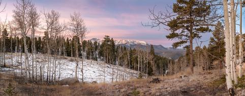 Beautiful and colorful landscape of the hills with plants, in snow, in Colorado, USA, at colorful and beautiful sunset