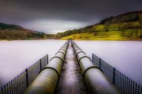Landscape of the Ladybower Reservoir among the colorful and beautiful mountains with plants, in Derbyshire, England