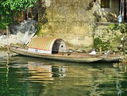 Colorful boats on the beautiful Pearl River, among the colorful plants, in Viet nam