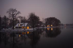 Snowy Houses at Lake coast