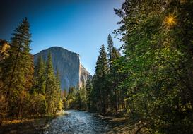 Beautiful landscape of the Yosemite National Park in California, USA, with the river, among the colorful trees near the El Capitan