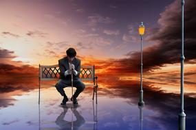 Man sitting on the bench near the lanterns, above the water, at colorful sunset, among the clouds, clipart