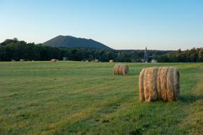 bales of straw on a green field at dusk in france