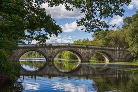 stone bridge over the river in a park with green trees