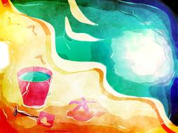 watercolor, shovel toy bucket on the beach