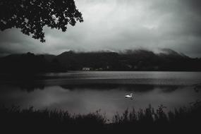 Black and white landscape with the beautiful Lake District, among the trees, in Great Britain