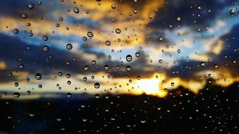 colorful Sunset, view through glass covered with drops