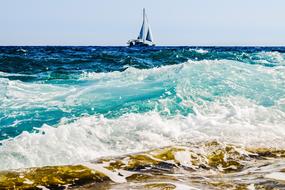 Beautiful and colorful sea with waves and boat