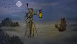 Sky, moon, lamp, boat