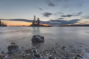 pines on small Island at Dusk