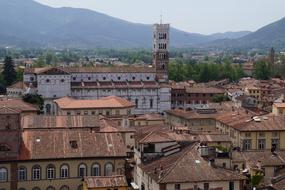 Beautiful landscape of Lucca, Tuscany, Italy, with green trees, near the mountains