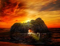 cave on beach at Sunset Dusk Dawn