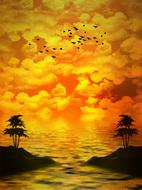 palm trees and birds in a yellow scenic landscape