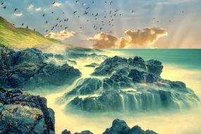 flock of birds over Coastline, digital art