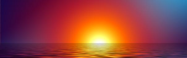 Banner with waterscape with ripple, at colorful, gradient sunset on horizon, clipart