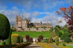 Beautiful and colorful Drummond castle garden in sunlight, in Scotland