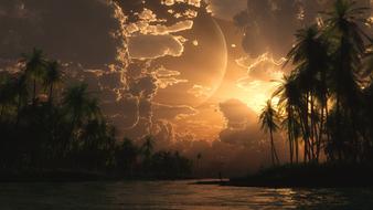 tropical sunset, sun and big moon