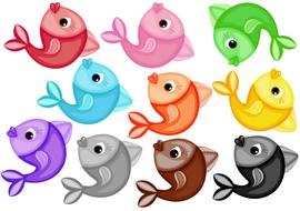 drawings of fish of different colors on a white background