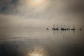 boats on the lake in the fog in the morning