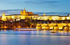 Beautiful landscape of the coast of Prague, Czech Republic, with colorful lights, in the evening