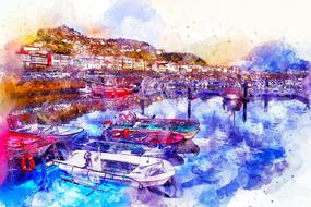 boats ship harbor art watercolor