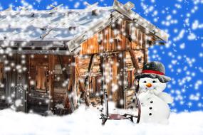 Beautiful, snowy landscape with the snowman, near the wooden hut, in snowfall, at blue background, clipart