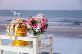 Wine and Flowers on Beach