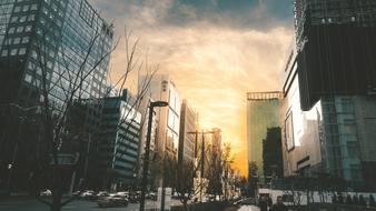 Cityscape with shiny buildings, at colorful and beautiful twilight with clouds