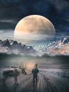 man with a deer on the background of mountains and the planet