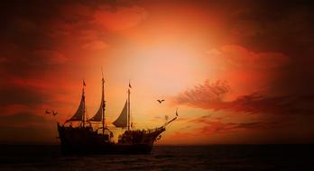 Silhouette of the ship on the sea, among the flying birds, at colorful and beautiful sunset with clouds, clipart