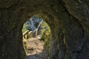 Beautiful rock tunnel with stairs among the colorful plants, in the Danube Valley, Inzigkofen, Germany