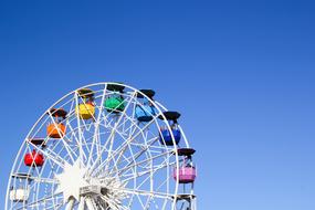 Colorful Ferris wheel in Tibidabo, Barcelona, Spain, in sunlight, under the blue sky