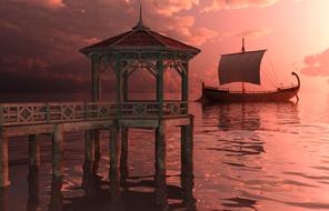 web pier sea mirroring at sunset