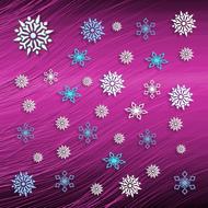 Beautiful and colorful, patterned snowflakes, at purple and black background with lines, clipart