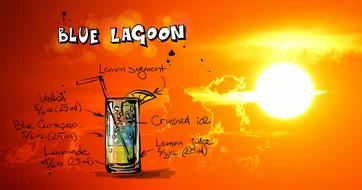 Beautiful and colorful recipe of the Blue Lagoon cocktail, at colorful sunset, clipart