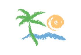 logo with a green palm tree near the sea under the sun