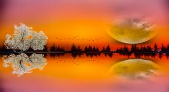 abstract reflection of orange-yellow sunset and planet on water surface